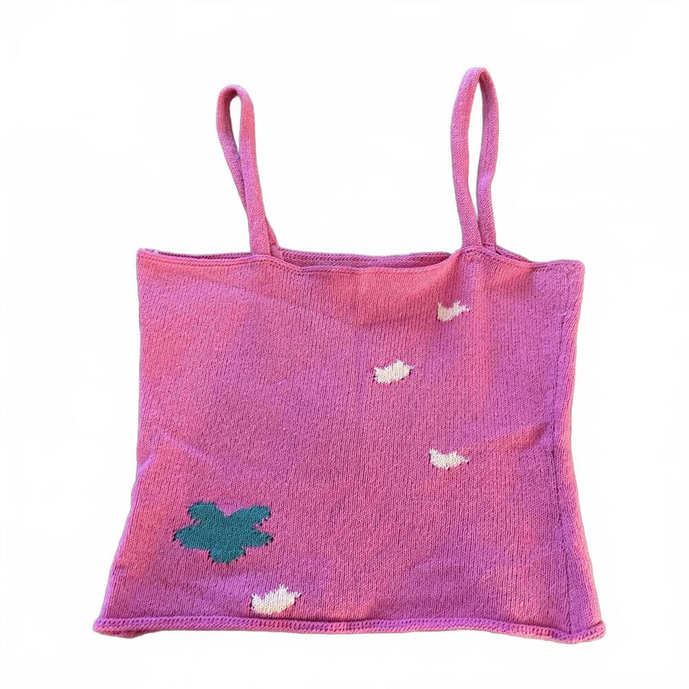 Pink knitted Flowered‎ Cotton Cami. SZ XS Possibly handmade. Cottage Core Preppy